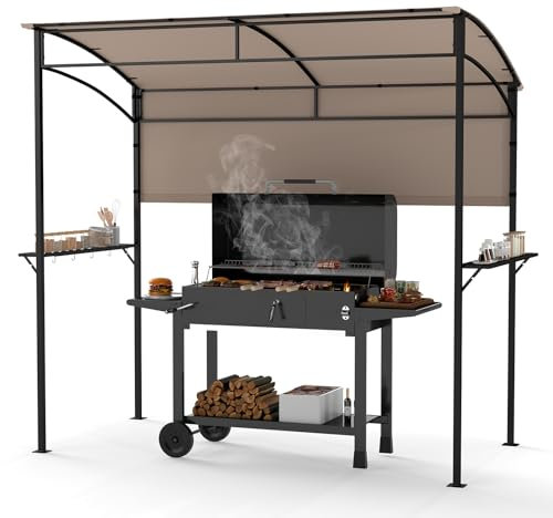 COSTWAY Grill Gazebo, Outdoor BBQ Shelter with Serving Shelf and Storage Hooks, Metal Frame Barbecue Canopy Sunshade Awning for Garden Patio Party (Brown, 239 x 108cm, with Extra Shadow)