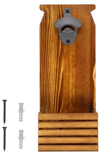 Flaschenöffner Holz, Wandmontage oder Aufsteller, Bieröffner Wand mit Auffangbehälter, Weinflaschenöffner für Pub Küche Garten Outdoor, Bier Geschenke für Männer Senioren Weihnachten, 12x7,4x30cm