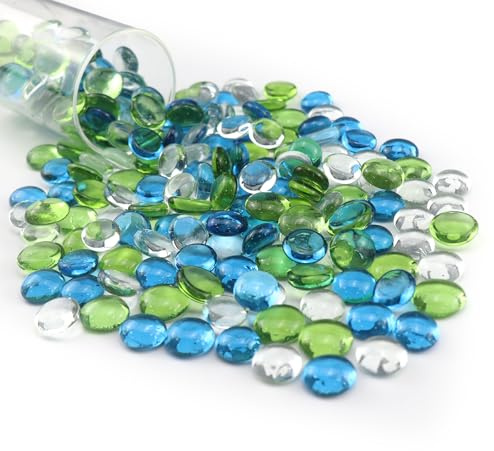 Vnezakl 0.96 LB Mix Color Flat Glass Beads Marbles 0.65-0.75 Inch Smooth Stone Pebbles for Aquarium Fish Tank Rocks Vase Fillers Floral DIY Craft Gems Home Decor(Green Sea Blue Transparent)