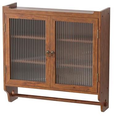 Vinsetto Vintage Glass Door Wall Cabinet, Double Door Design with Three Tiers of Storage and Towel Rack, 24.8, Brown