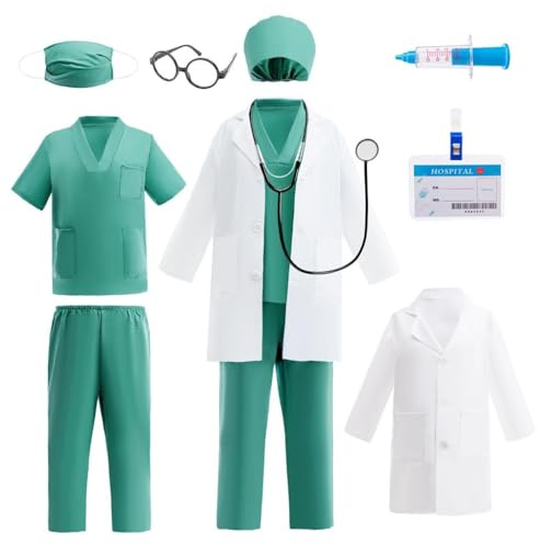 Lito Angels Deguisement de Docteur Enfant avec Blouse Tenue Chirurgien Calot Masque et Accessoires Médicaux pour Garcons Filles Journée des Métiers Jeu de Rôle Halloween Cosplay Âge 12-13 Ans 158 Vert