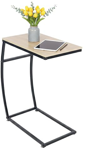 Relaxdays Tavolino da Divano a Forma di C, 58,5x47,5x25 cm, Tavolo Laterale Salotto e Letto, Ferro e MDF, Effetto Legno