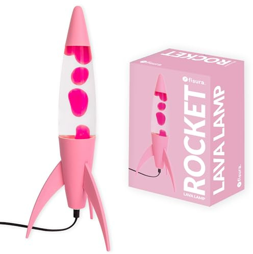 Fisura – Lampada lava rosa “rocket” con base rosa e liquido trasparente. Lampada lava retrò decorativa con lampadina di ricambio inclusa. 45 x 20 x 20 cm