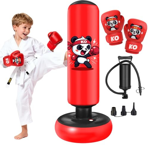 Saco de Boxeo Niños Ninonly 130cm Panda Saco Boxeo Niños con Guantes y Bomba de Aire para Practicar Karate y Taekwondo Idea de Regalo para Niños y Niñas (Rojo)