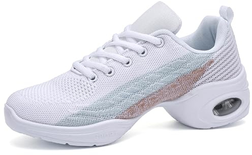 Hiuzylqx Damdansskor, Lätta, Andningsbara Jazzdansskor Snörskor Med Kudde Mesh Platåsneakers,White,37 EU