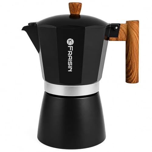 FRAISIN Stovetop Espresso Moka Pot Coffee Maker, Non-slip Wood Grain Handle, Cast Aluminum, Compatible with Gas, and Electric Stoves (Black, 12 cups)