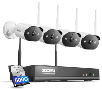 ZOSI Kit de cámara de vigilancia WiFi 6 2K, cámara IP enchufable para Exteriores de 3 MP con NVR 8CH 500G HDD, Alarma de Sirena y proyector, detección de Personas a Color, Audio bidireccional