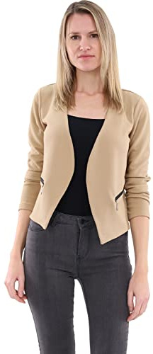 Malito – Damkavaj, enfärgad utan krage, sweatblazer med dekorativa sömmar, fickor och dragkedjor – kort jacka i baslook, skräddarsydd jerseykavaj 6040 (storlek S-XXL), Beige, S