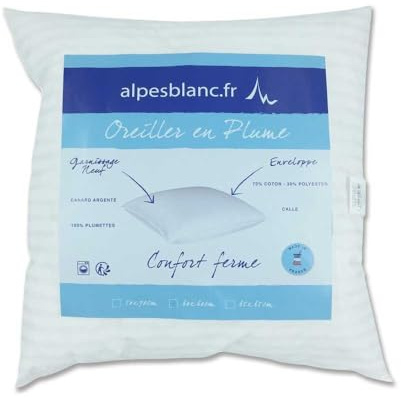 Alpes Blanc Oreiller Naturel 60x60 cm 100% plumettes Fabriqué en France – Traitement antiacarien – Soutien des cervicales et de la Nuque