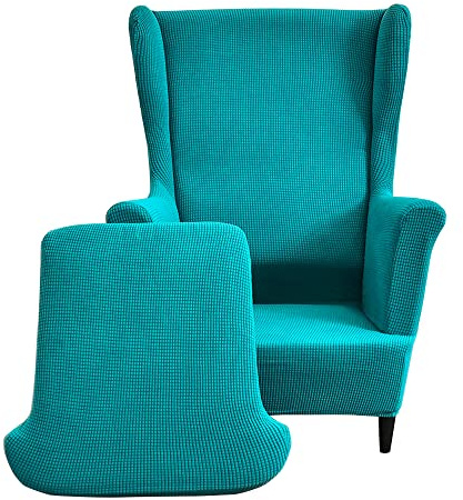 CHNSHOME Fundas de sillón orejero elástica 1 Plaza Funda para sillas de Orejas 2 Piezas Cubre Sillón orejero Fundas para sillones orejeros con Respaldo de alas Cian