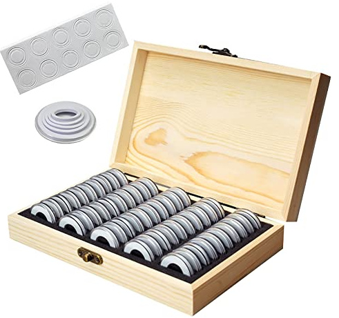 Tiardey 50 st mynt kapslar, universell myntbehållarfodral trä förvaringsbox, display minnessamling fodral för diameter 18/21/25/27/30 mm