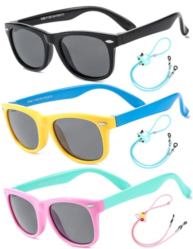 Rocf Rossini Lentes de Sol Flexibles para Niños y Niñas Polarizados Irrompibles Protección UV400 Certificado Bebés Gafas con Funda, 2-8 Años (Negros + Amarillo/Azul + Rosa/Cian)