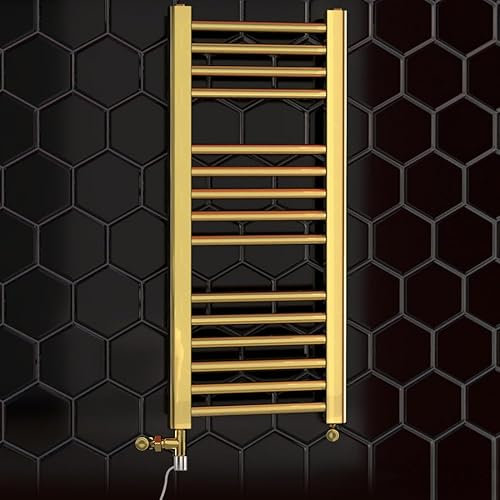Myhomeware 550mm Wide Shiny Gold Dual Fuel Electric Radiator Bathroom Towel Rail Radiator With Thermostatic and Standard Electric Element UK (550 x 800 mm (h), Standard Electric Element)