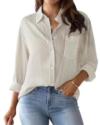 MINTLIMIT Women's Striped Button Down Shirts Long Sleeve Casual Blouse Tops with Pockets for Women 2024 Khaki