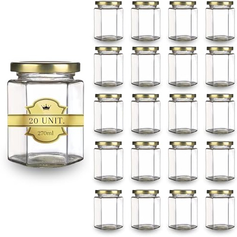 Espirito Rebelde 20 Vasetti di Miele Esagonali 270ml con Coperchio | Ideali per la Conservazione di Miele, Marmellata, Spezie, Yogurt | Bomboniere di Matrimonio
