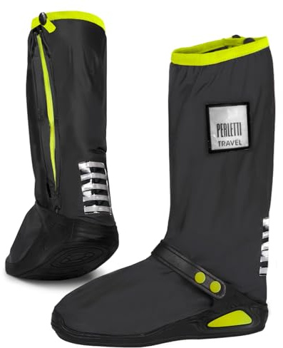 PERLETTI Surchaussures Imperméables Homme Femme pour Motos et Montagnes - Couvre Chaussures Pluie Lavable Réfléchissants avec Semelle Antidérapante Renforcée (Noir et Vert Citron, M (40/42 EU))