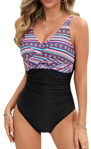 Vijamiy Bañador Mujer Barriga Escote en V Cintura Alta Slim Fit Bañador Push Up con Relleno Sexy Traje de Baño De Una Pieza Mezclar Colores Bañadores con Aros(Multicolor+Negro,M)