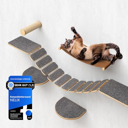 Nelix® Kletterwand Katzen – 5-teiliges Premium-Set Hängematte & Kratzbaum | Massivholz Wandmontage – für mehr Bewegung, Auslastung & Stil im Katzenalltag – platzsparend, erweiterbar, Wohnungskatzen