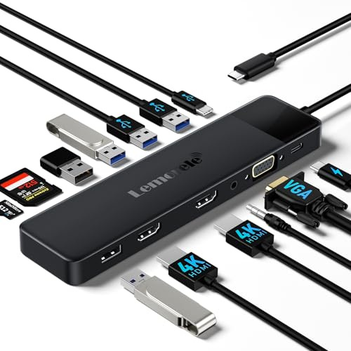 Docking Station, (2025 Upgrade) Lemorele Usb C Hub 13-in-1,Triple Display Adapter with 2 x 4K Dual HDMI, VGA, 5 x USB A, 100 W PD, USB C Data, SD/TF, 3.5 mm Audio for Mac/Windows