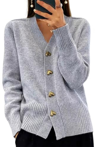 shownicer Gilet Femme Cardigan Manches Longues Tricoté Chic et Elégant avec Boutons à Col en V Ouvert sur Le Devant Décontracté Manteau Mode Pull A Gris S