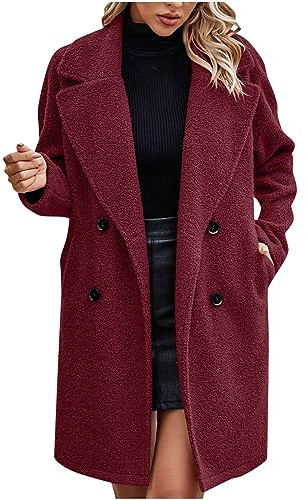 Yolimok Winter Coats for Women UK, Teddy Fleece Jacket Oversize Sherpa Fleece Wool Blend Lapel Trench Coats Winter Long Coat Windproof Elegant Classic Casual Jackets Solid Warm Outerwear