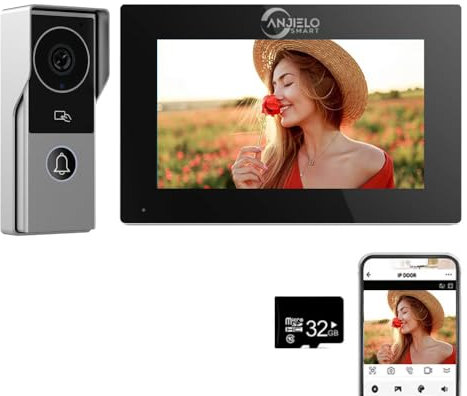 ANJIELO SMART WiFi Wired Video Intercom System, 7 Inches Video Doorbell Camera with Monitor,APP/Swipe Card Unlock,Motion Detection,Night Vision,1080P HD Camera for Apartment Villa Home