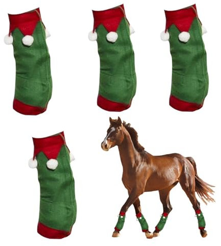 Grüne Pferdebeinbandagen – Weihnachts-Pferdebeinschoner, Pferdebeinbandagen | 4 Stück Weihnachts- -Schutzbeinbandagen, bequeme festliche Plüsch-Pferdebeinbandagen mit weißen Pompons für kaltes We