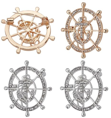 FINGERINSPIRE 4 broches de timón de ancla de barco, aleación de zinc dorado platino, diamantes de imitación, punk, ancla punk, pines de solapa para chaquetas, abrigos, trajes, broches de joyería para
