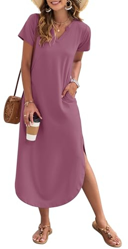 AUSELILY Women's Summer Casual Dress with Pockets V Neck | Ladies Long Summer Dresses uk,Short sleeve,Daily wear,Party,Beach,Holiday,Comfortable fabric,Polyester,Spandex