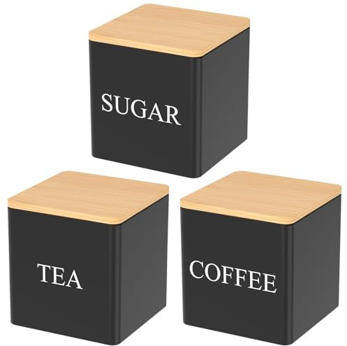 Juego de 3 botes para café, té, azúcar, 500 ml, con tapa hermética de bambú y marcador de nombre, frasco cuadrado de almacenamiento de cocina, para té, café, azúcar (negro)
