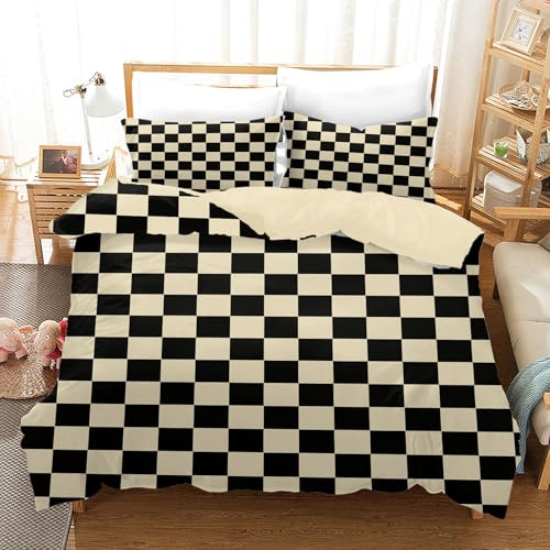 KAIDAARTLH Set de Linge de lit à Carreaux 220x240cm, Moderne à Carreaux Microfibre Housse de Couette pour Enfants, avec Fermeture éclair et 2 taies d'oreiller 50X75cm (A, 220x240cm)