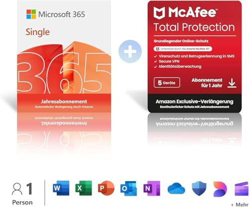 Microsoft 365 Single │ 1 Jahr | 1 Person │ Office Apps mit KI | 1 TB Cloudspeicher | verlängert für 99€ + McAfee Total Protection │ 1 Jahr | 5 Geräte │ verlängert für 108,10€