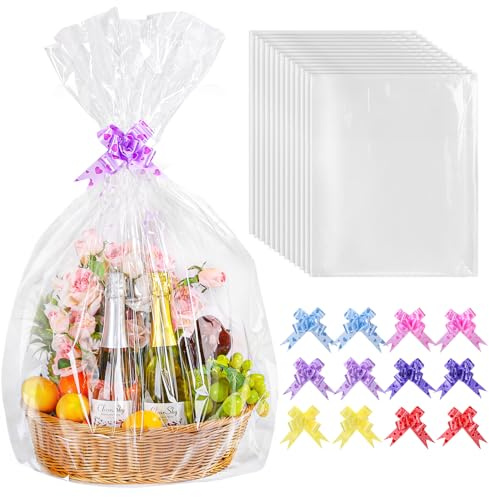 woric 12 Pcs Extra Large Cellophane Bags for Hampers with Bows | 30X40 Hamper Wrapping Cellophane for Gift Baskets, Hampers, Birthday, Christmas, Thick & Tear Resistant