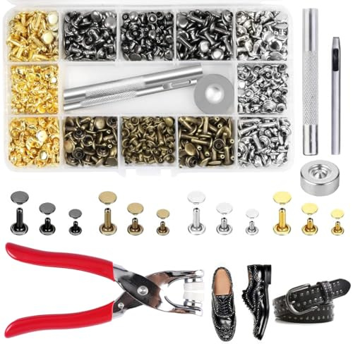 180 Sätze Leder Nieten Set, Hohlnieten, 12mm 8mm 6mm Ledernieten, 4 Farben Nieten Für Leder mit Nietenzange und Lochzange,mit Aufbewahrungsbox, für DIY Lederhandwerk Kleidung Tasche Gürtel Schuhe