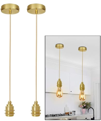2 stycken E27 hänglampa, guld metalllamphållare med justerbar textilkabel 120 cm, industriell upphängning för sovrum kök restaurang (glödlampor ingår ej)
