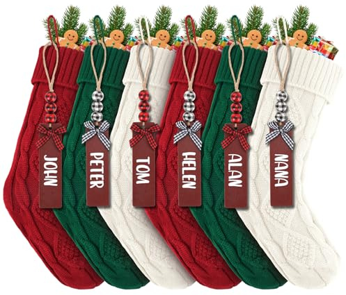 6PACK LumaBria18Inch Cable Knitted Personalized Christmas Stockings, Personalized Hanging Stockings for Holiday Party, Christmas Tree, and Family Home Decor in Red, White, Green