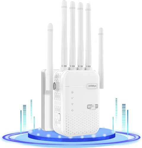 WiFi Extender Repeater, WiFi-signalförstärkare, 6 antenner, 2 LAN-portar, wifi-repeater med lång räckvidd, 360° täckning upp till 9800 m³, för kontor och hem, lätt att installera