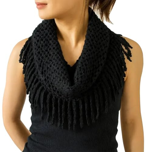 stylesilove Two Tone Womens Winter Warm Mini Tube Infinity Scarf With Fringe (Black)