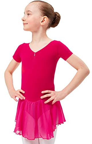 tanzmuster ® Ballettkleid Mädchen Kurzarm - Betty - aus Baumwolle mit Glitzersteinen und Chiffon Röckchen in pink, Größe:116/122