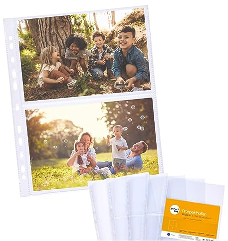 perfect line 100 Sammelhüllen 2-geteilt DIN-A4, Fotothüllen transparent, Prospekthüllen Glasklar, Klarsichtfolien Extra-Stark, dokumentenecht