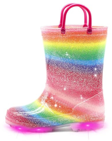 EUXTERPA Stivali di Gomma per Bambini e Ragazze con Luci Lampeggianti e Glitter per Bambini con Maniglia per Neonati e Bambini Piccoli, Colorato, 32 EU