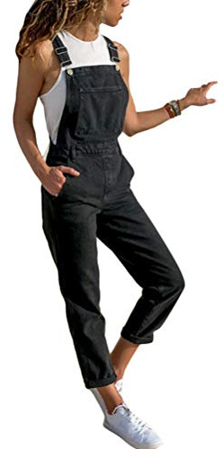 Tomwell Combinaison Femme Salopette en Jeans Slim Jumpsuit Pantalon Casual Grand Taille Salopette à Bretelles en Denim Skinny Travail Streetwear pour Printemps Automne M Noir Large