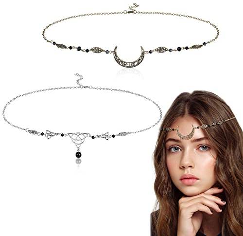HIFOT 2 Stück Boho Mond Kopfkette Gold Damen, Keltische Knoten Kopfkette Silber für Frauen, Elfen Haarschmuck Wahrsagerin Kopfschmuck Haarkette, Festival Accessoires Hochzeit Halloween