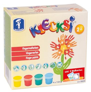 Feuchtmann KLECKSi 633.0654 - Pittura a dita Basic Mini, 4 barattoli da circa 150 g, colori di alta qualità per bambini dai 2 anni in su, con biglietti da colorare