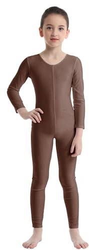 Manyakai Gymnastikanzug Mädchen Ganzkörper Kinder Ballett Tanz Ganzkörperanzug Langarm Tanzbody Stretch Turn Trikot Gymnastik Leotard Tanzkostüm Braun 122-128