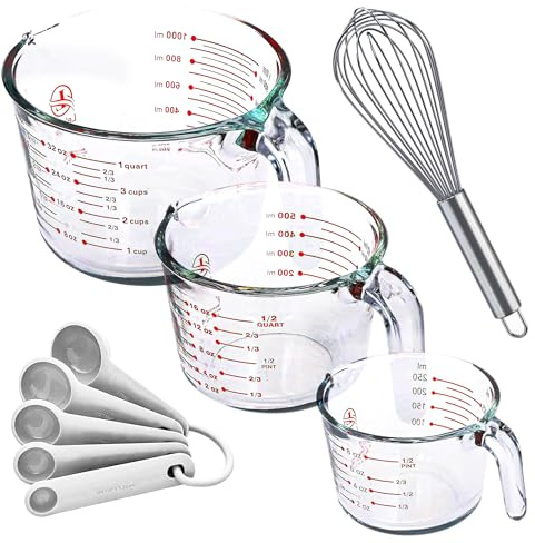 Le'raze Set of 3 Glass Measuring Cups with Measuring Spoons & Whisk - Kitchen Mixing Bowl Liquid Measure Cup, Glass Bakeware. 1 cup, 2 cup, 4 cup., Multi Size, Clear