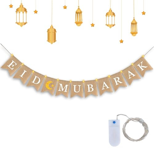 IWTBNOA Ramadan Kareem Banner, Eid Mubarak Banner mit 3Meter LED Lichterkette 30 Licht, Eid Sackleinen Banner, Eid Mubarak Ramadan Banner, Eid Mubarak Party Dekoration für Ramadan Party