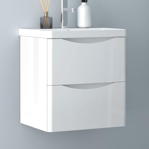 Biubiubath Hochglanz Weiß Badezimmerschrank 50cm Mineralgusswaschbecken mit Unterschrank Badmöbel-Set 2 Soft-Close Schubladen Hängend