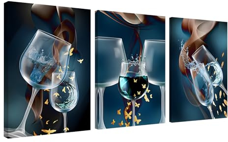 hocadon 3pcs Picture Painting Wooden Framed 3D Blue Canvas Wall Art 30x40CM Goblet Picture Painting Canvas Prints Wall Art for Living Room for Bathroom Home Office Decor
