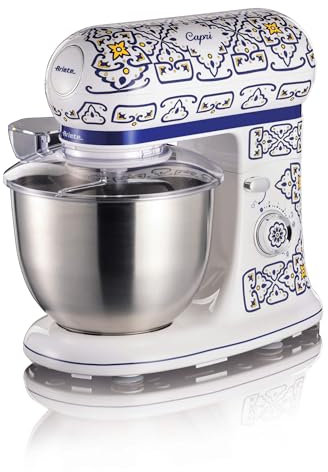 Ariete 1588 Küchenmaschine Capri, 7 Geschwindigkeitsstufen, 3 Quirle für Weiche und Feste Teige, Deckel mit Spritzschutz, 5,5 Liter Edelstahlschüssel, Mediterranes Design, 2400 Watt